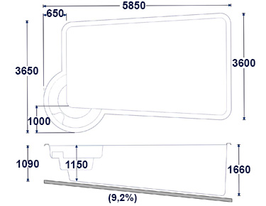 Dimensions de la coque polyester piscine Barahona 610 Dimensions de la coque polyester piscine Barahona 610