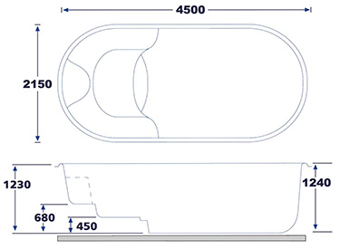 Dimensions de la Coque polyester ovale pour piscine Fuerteventura Dimensions de la Coque polyester ovale pour piscine Fuerteventura