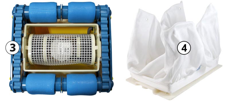 Robot de piscine Aquabot Viva vue de dessous, moteur et sac filtrant Robot de piscine Aquabot Viva vue de dessous, moteur et sac filtrant