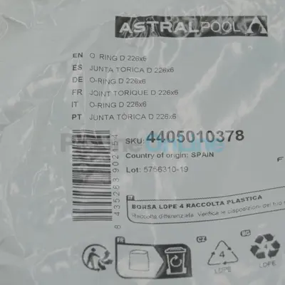 Joint Torique diamètre 226x6 pour pompes / nage à contre courant Astral (4405010378)