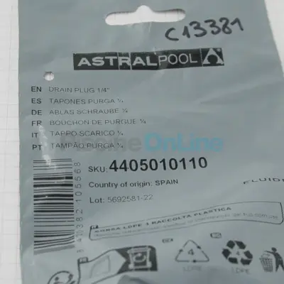 Bouchons de Vidange + joints toriques 1/4" pour pompes/vannes ASTRAL - (sachet de 2) (4405010110)