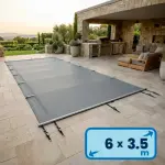 Bâche à barres DEL 6.5 x 4 m pour piscine 6 x 3.5 m GRIS CLAIR - version Premium avec Ourlets + Sangle anti soulèvement