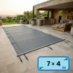 Bâche à barres 7m x 4m AQUALUX gris anthracite- version Premium avec Ourlets + Sangle anti soulèvement