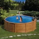 Piscine ronde MAURITIUS paroi acier décoration bois 3.70m x H: 1.32m