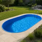Piscine Acier Ovale IBIZA 6.00m x 3.20m x H1.20m avec liner Bleu, échelle droite Inox 3 marches ABS, skimmer et buse de refoulement