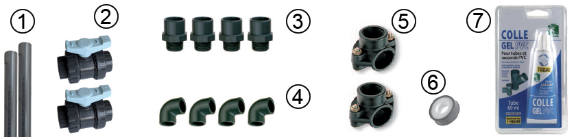 Composition du kit plomberie pour raccordement surpresseur, chlorinateur et brominateur Composition du kit plomberie pour raccordement surpresseur, chlorinateur et brominateur
