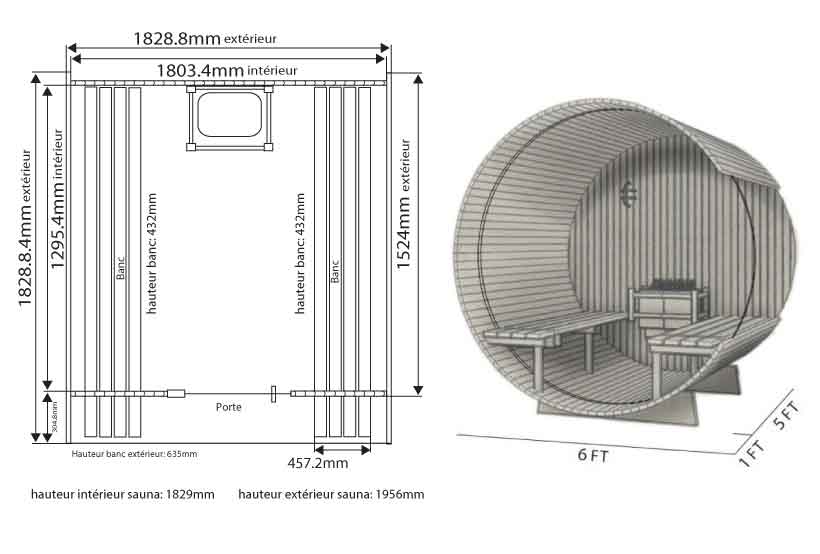 Dimensions sauna en Cèdre Barrel canopy AUDRA 180 x 180 cm Dimensions sauna en Cèdre Barrel canopy AUDRA 180 x 180 cm