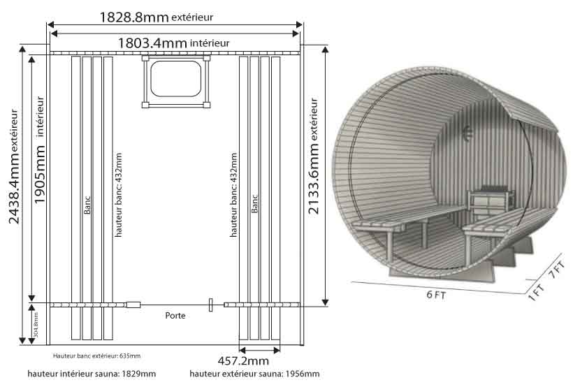 Dimensions sauna en Cèdre Barrel canopy WESTON 180 x 240 cm Dimensions sauna en Cèdre Barrel canopy WESTON 180 x 240 cm