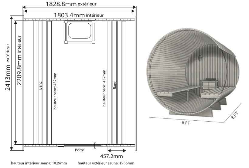 Dimensions sauna en Cèdre Barrel PRINCETON 180 x 240 cm