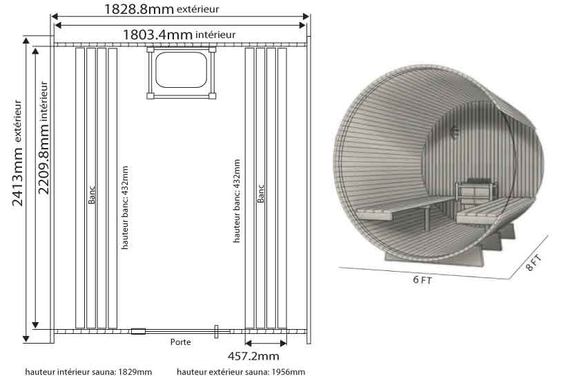 Dimensions sauna en Cèdre Barrel PRINCETON 180 x 240 cm Dimensions sauna en Cèdre Barrel PRINCETON 180 x 240 cm