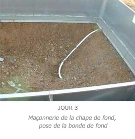 Maçonnerie de la chape de fond, pose de la bonde de fond Maçonnerie de la chape de fond, pose de la bonde de fond