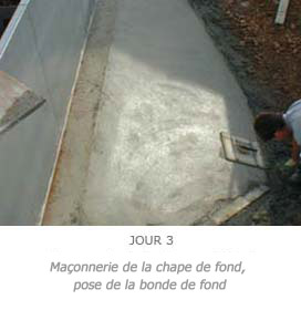 Maçonnerie de la chape de fond, pose de la bonde de fond Maçonnerie de la chape de fond, pose de la bonde de fond
