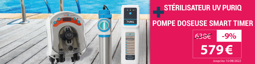 Offre promotionnelle pack traitement stérilisateur UV PURIQ Bright 40 + pompe doseuse Smart Offre promotionnelle pack traitement stérilisateur UV PURIQ Bright 40 + pompe doseuse Smart