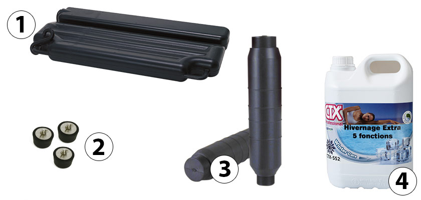 Pack complet pour hivernage piscine comprenant flotteurs, gizzmos bouchons et liquide pour hivernage Pack complet pour hivernage piscine comprenant flotteurs, gizzmos bouchons et liquide pour hivernage