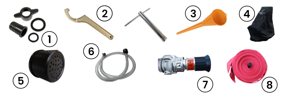 1. kit de connexion, 2. clé de serrage, 3. entonnoir, 4. bâche de protection, 5. crépine d'aspiration, 6. tuyau d'aspiration, 7. lance de projection, 8. tuyau de refoulement