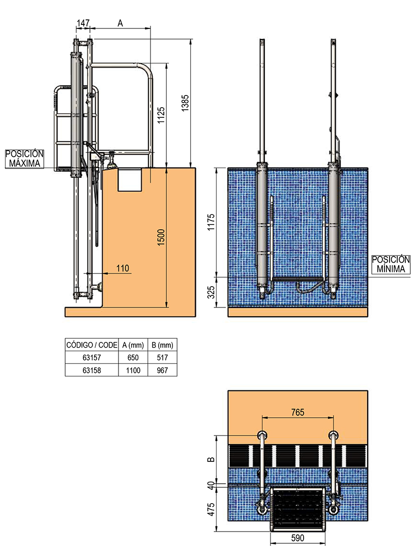 Dimensions de l'échelle Astral Waterlift