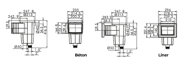 Dimensions Skimmer EMAUX standard petite meurtriere beton