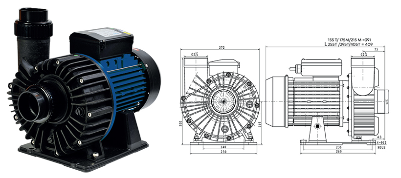 Dimensions pompe 215M pour kit balnéo Jet Vag