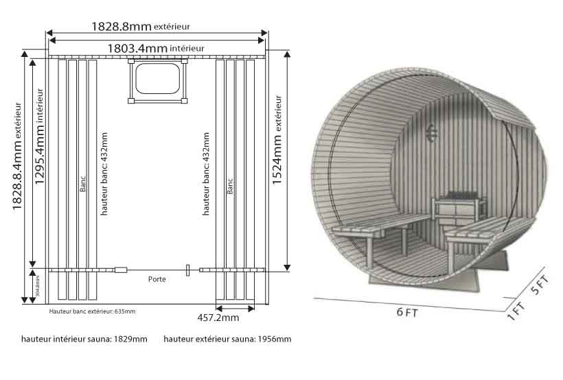 Dimensions sauna en Cèdre Barrel canopy AUDRA 180 x 180 cm
