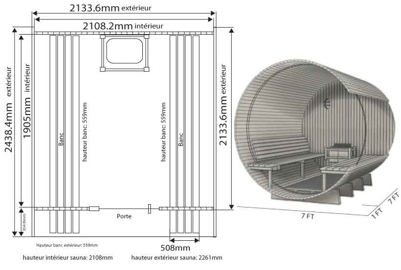 Dimensions sauna en Cèdre Barrel canopy GRANDVIEW 215 x 245 cm