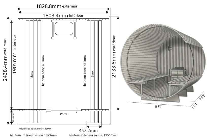 Dimensions sauna en Cèdre Barrel canopy WESTON 180 x 240 cm