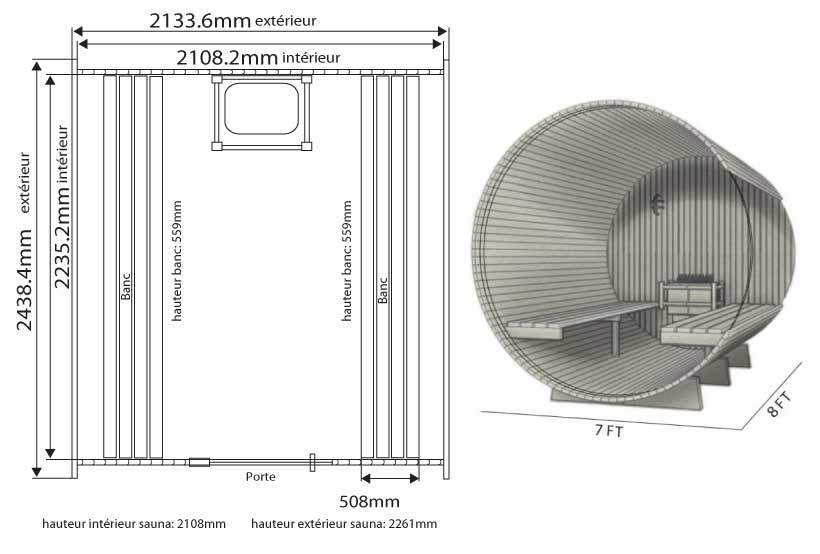 Dimensions sauna en Cèdre Barrel LEWISBURG 215 x 245 cm