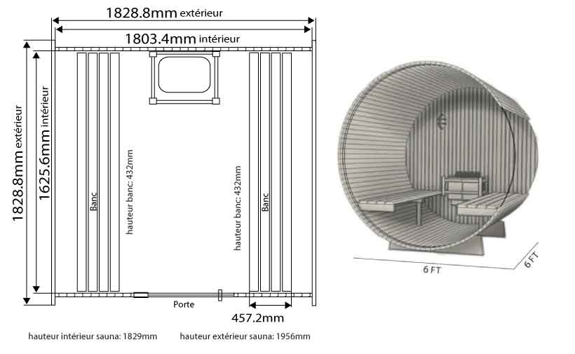 Dimensions sauna en Cèdre Barrel PINNACLE 180 x 180 cm