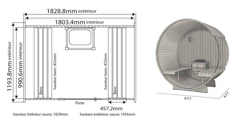 Dimensions sauna en Cèdre Barrel SALEM 180 x 120 cm