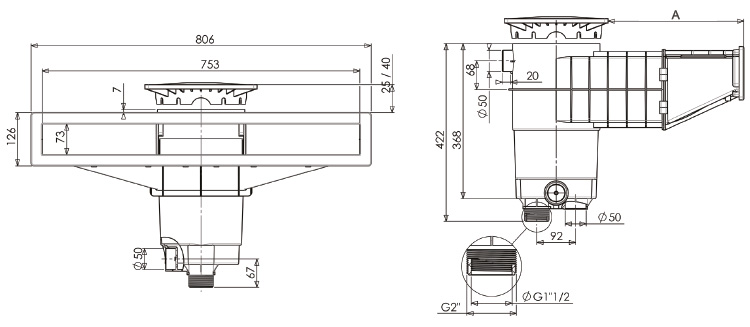 dimensions skimmer weltico A800 ABS béton liner