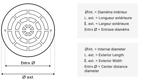 Dimensions pour Grilles de bonde de fond ronde Ø258 mm + vis (x2)