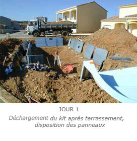 déchargement du kit panneaux après terrassement, disposition des panneaux