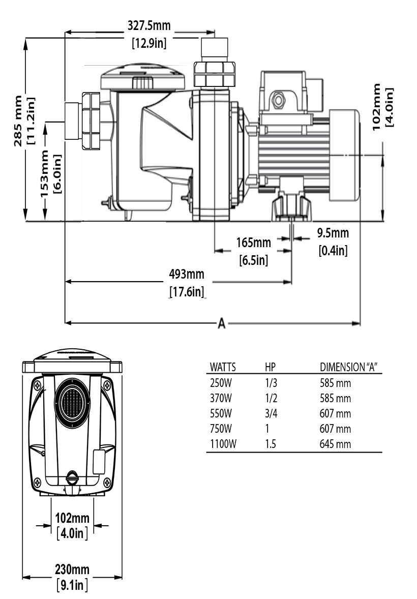 Pompe piscine Pentair FreeFlo dimensions