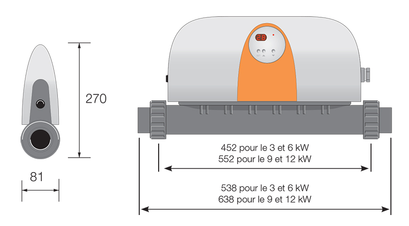 Réchauffeurs électrique Red Line Plus de Zodiac PSA: Dimensions (en mm)