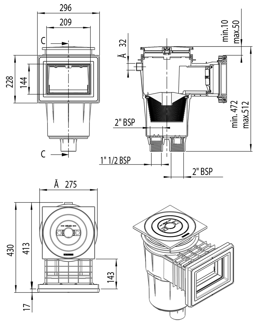 Skimmer béton astral standard avec cache 17.5 L dimensions