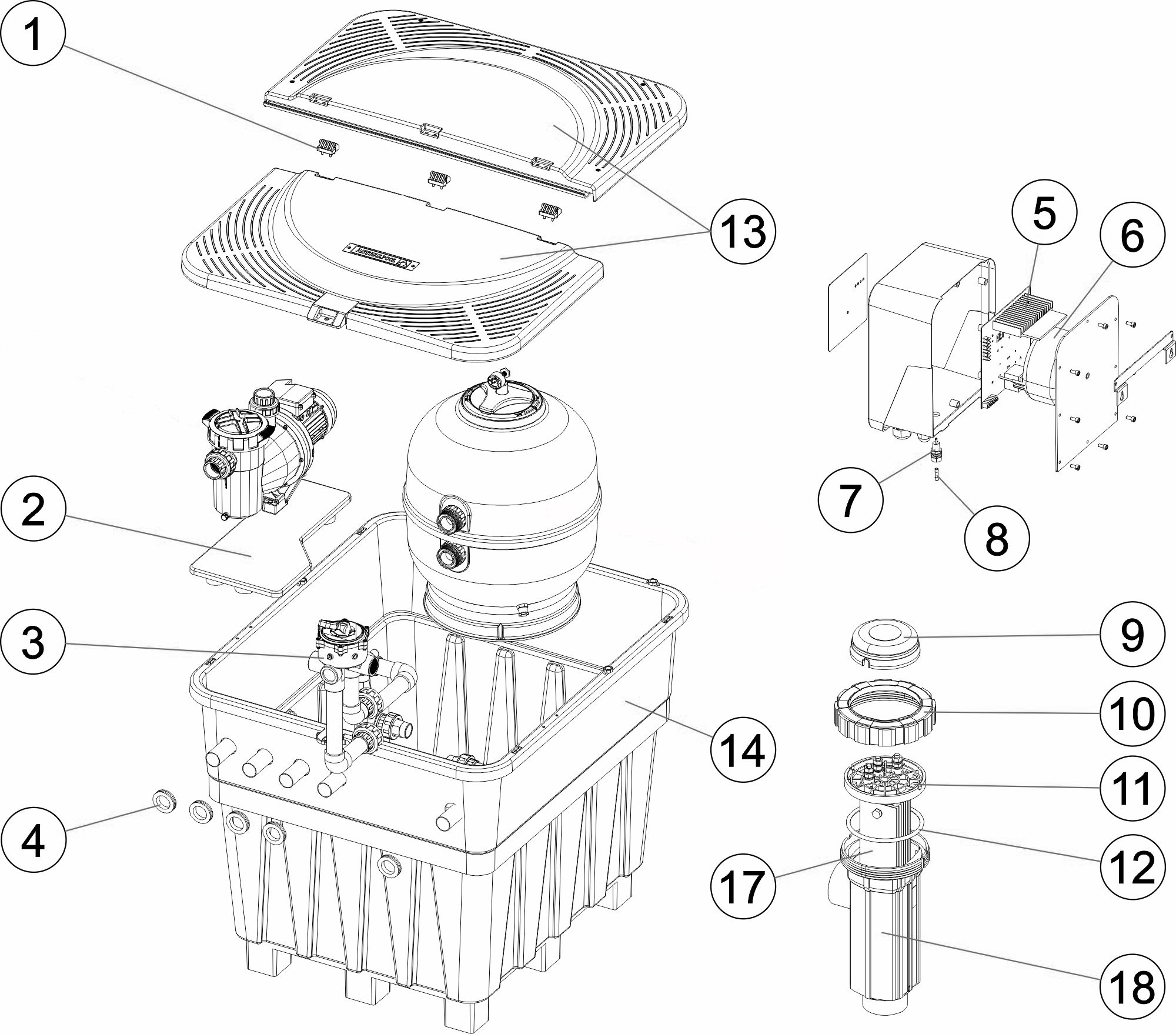 Pièces détachées pour Local technique enterré KEOPS filtre ASTER 600 + Coffret Electrolyse