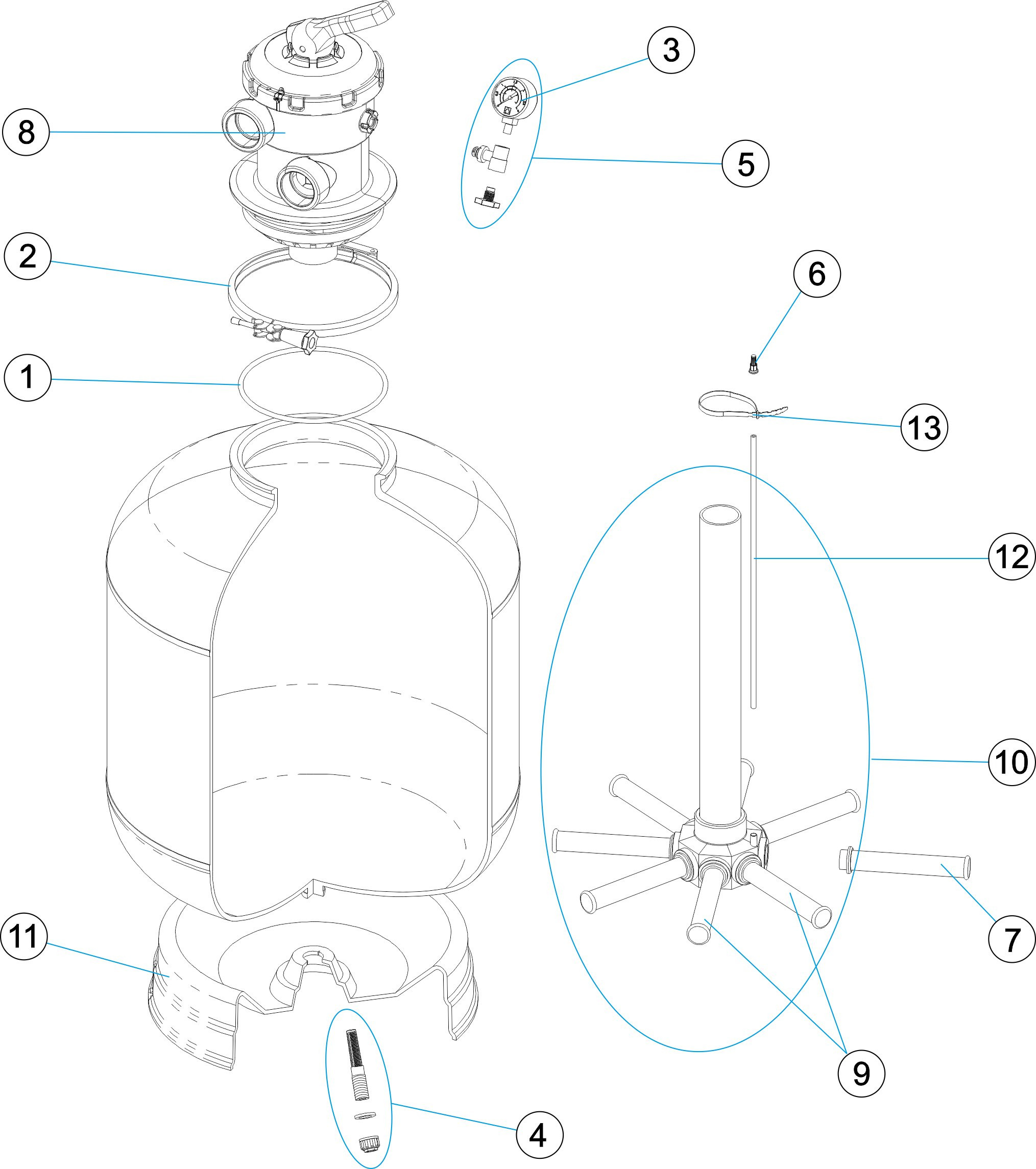 Pièces détachées pour Filtre à sable Astral COURONNE vanne TOP