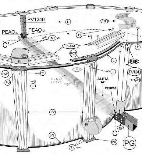 Pièces détachées pour Piscines hors sol GRE - Structure margelles poteaux traverse