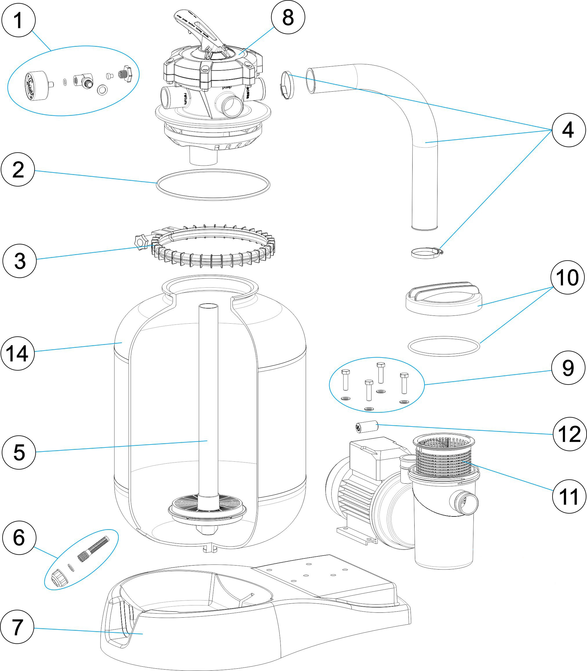 Pièces détachées pour Groupe de filtration monobloc P-XPERT 6/8 - Ø 400 - vanne Ø 50mm