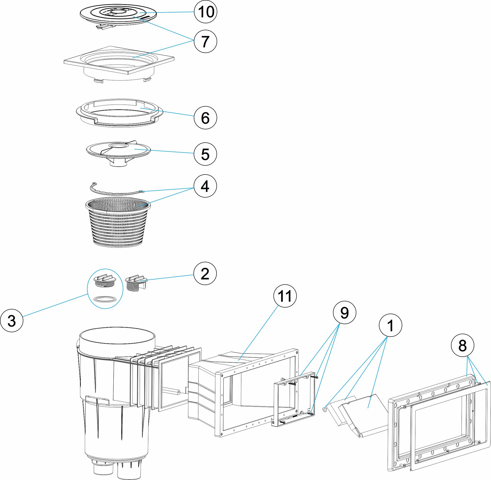Pièces détachées pour Skimmer PRESTIGE 17,5L grande meurtrière BETON