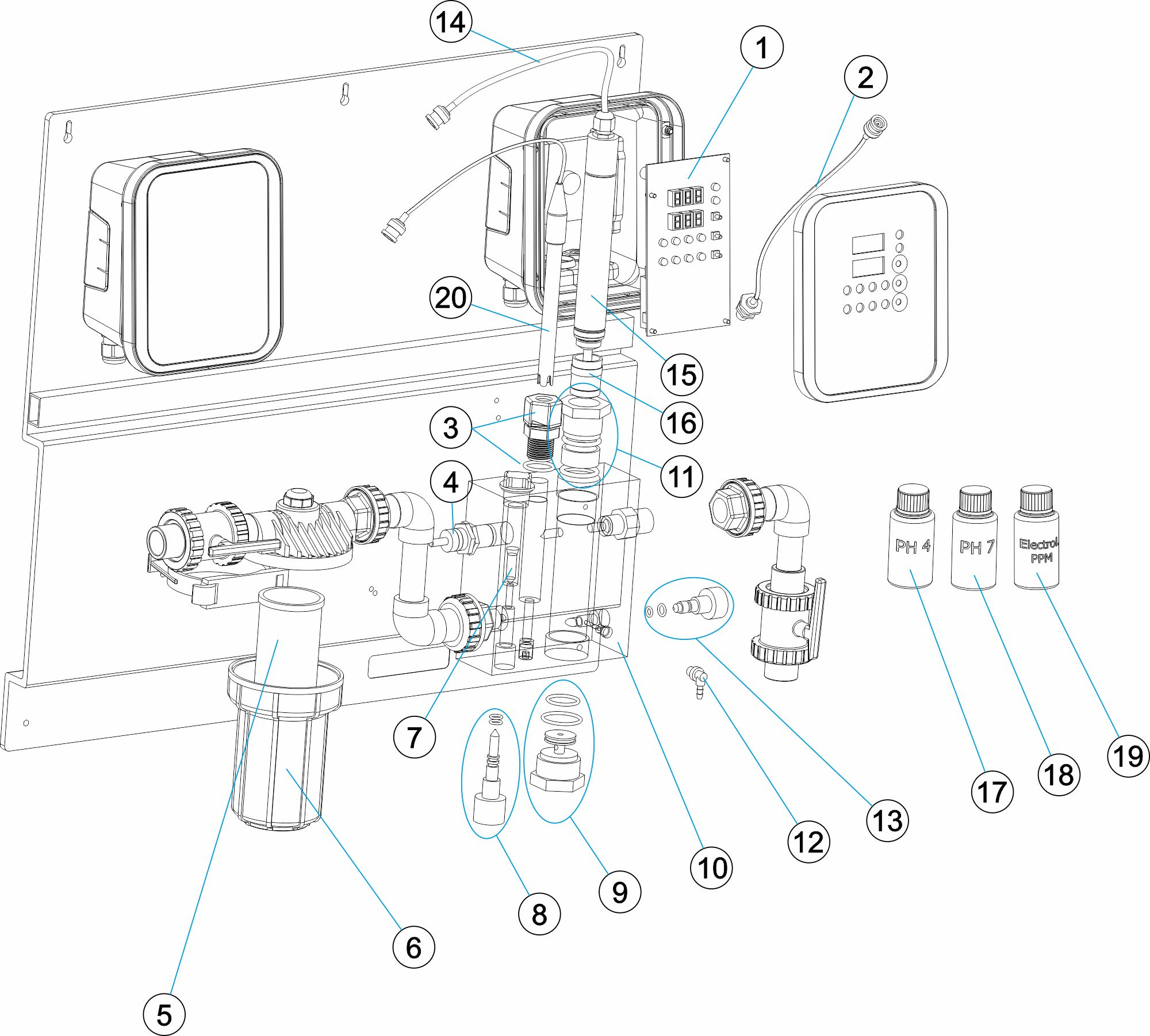 Pièces détachées pour Tableau de régulation AP PR-207 pH/chlore PPM