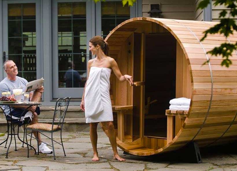 Sauna barrel en cèdre avec canopy GRANDVIEW pour 8 personnes Sauna barrel en cèdre avec canopy GRANDVIEW pour 8 personnes