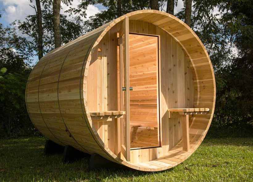 Sauna barrel en cèdre avec canopy WESTON pour 6 personnes Sauna barrel en cèdre avec canopy WESTON pour 6 personnes