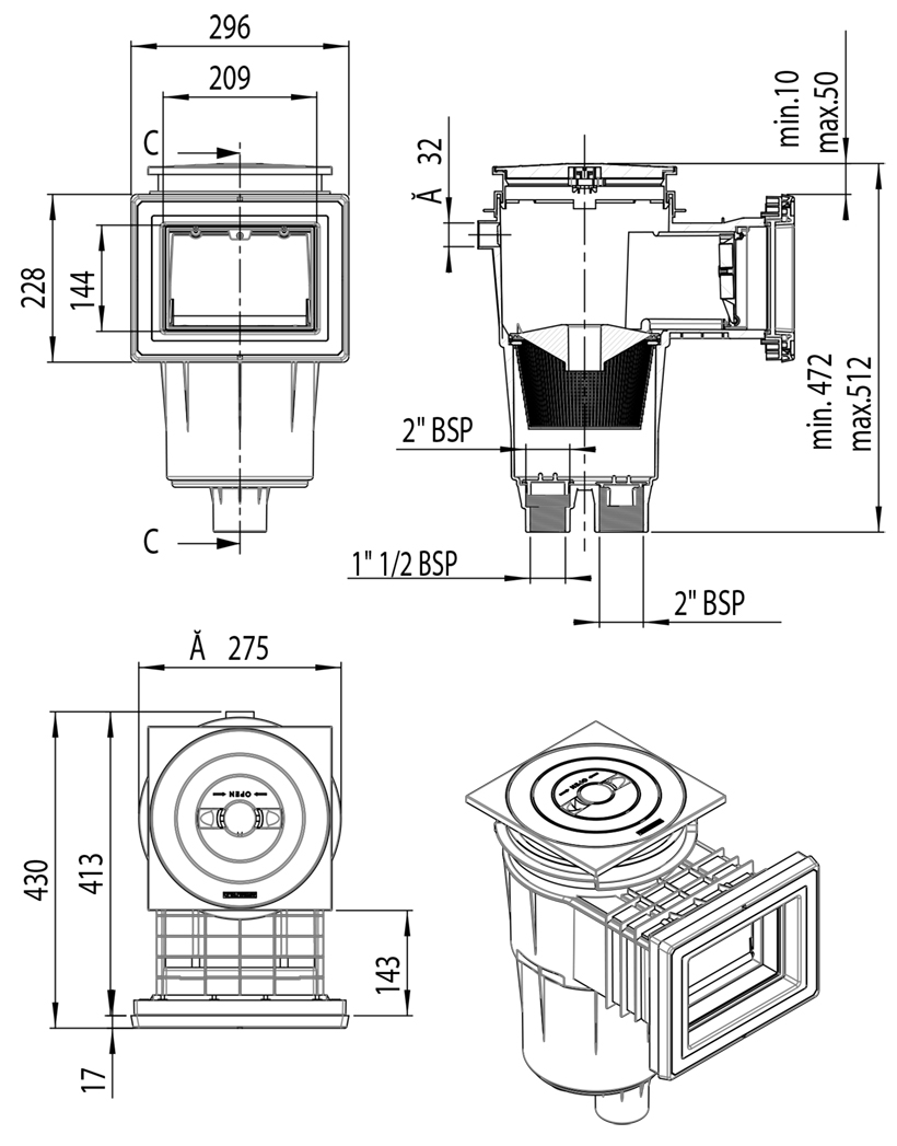 Skimmer béton astral standard avec cache 17.5 L dimensions Skimmer béton astral standard avec cache 17.5 L dimensions