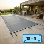 Bâche à barres DEL 10.5 x 5.5 m pour piscine 10 x 5 m GRIS CLAIR - version Premium avec Ourlets + Sangle anti soulèvement