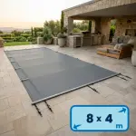 Bâche à barres DEL 8.5 x 4.5 m pour piscine 8 x 4 m GRIS ANTHRACITE - version Premium avec Ourlets + Sangle anti soulèvement